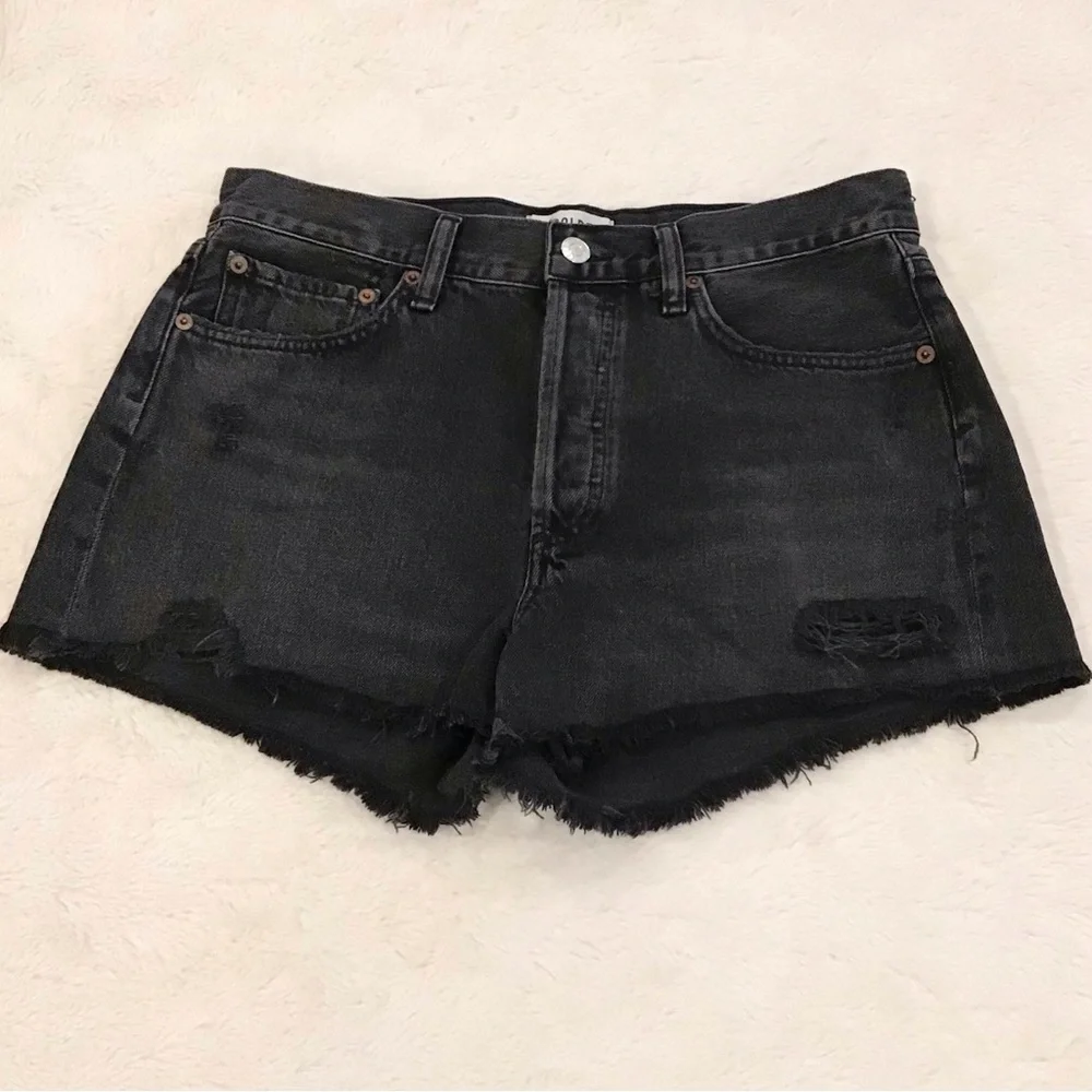 AGOLDE 27 (US 4) Parker Denim Shorts Black High Rise Women’s Distressed Button